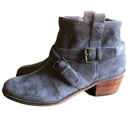 Cole Haan Jensynn Grey Suede Wrapped Buckle Booties Chunky Heel 7 - Picture 3 of 11